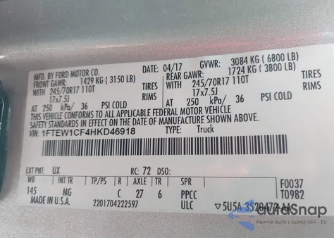 2017 Ford F-150 Xlt из США, поврежденный, VIN 1FTEW1CF4HKD46918